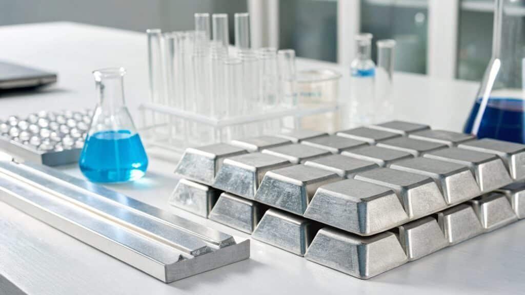 Small piles of raw alloying elements like copper, zinc, and magnesium powder next to an aluminum billet.